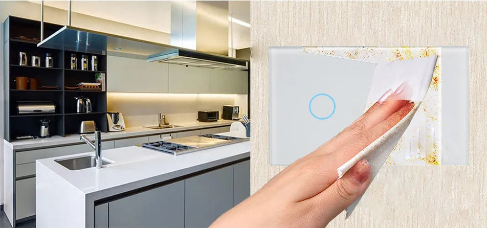 White 2-gang RF smart touch light switch with tempered glass panel and LED indicators