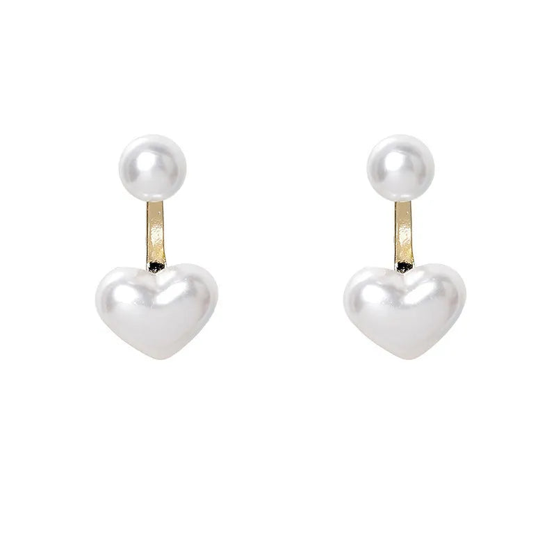 Heart-shaped pearl stud earrings with Korean design, alloy metal and artificial gemstone details