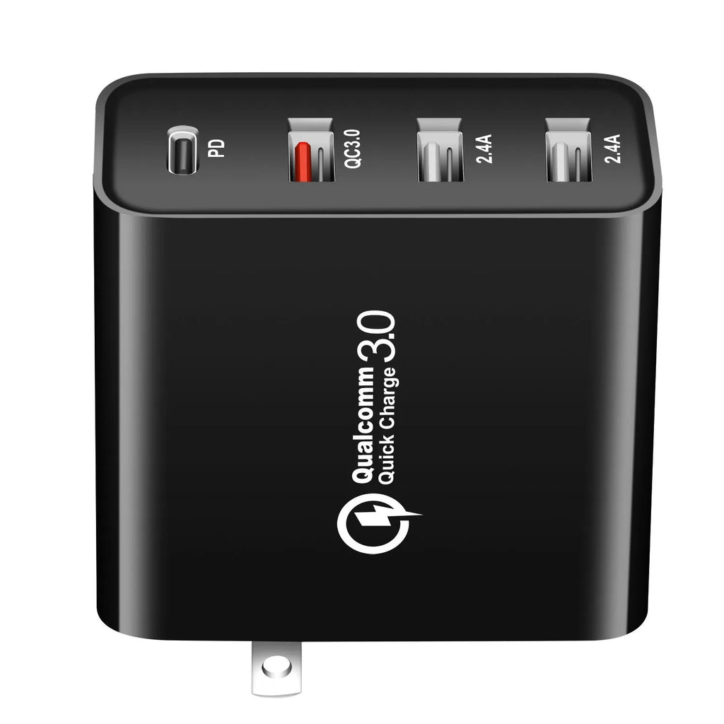 Black and white 48W four-port USB-C mobile phone wall charger with LED light.
