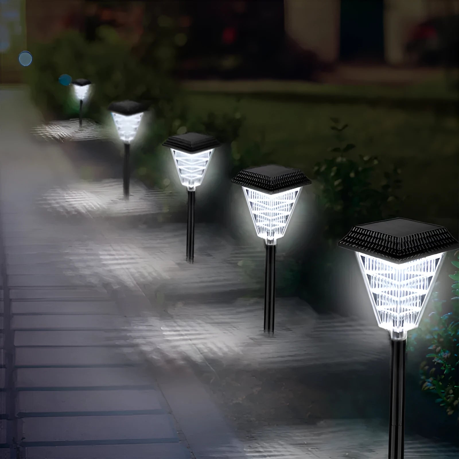 Solar garden light with colour changing LEDs in outdoor setting showing flame, green, red, and white light options