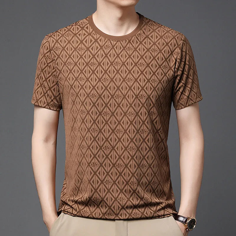 Men's black ice silk jacquard short sleeve t-shirt with loose fit casual design