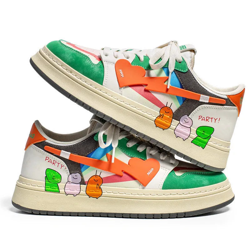 A pair of simple plain sneakers with rainbow colour accents and white laces on a white background.