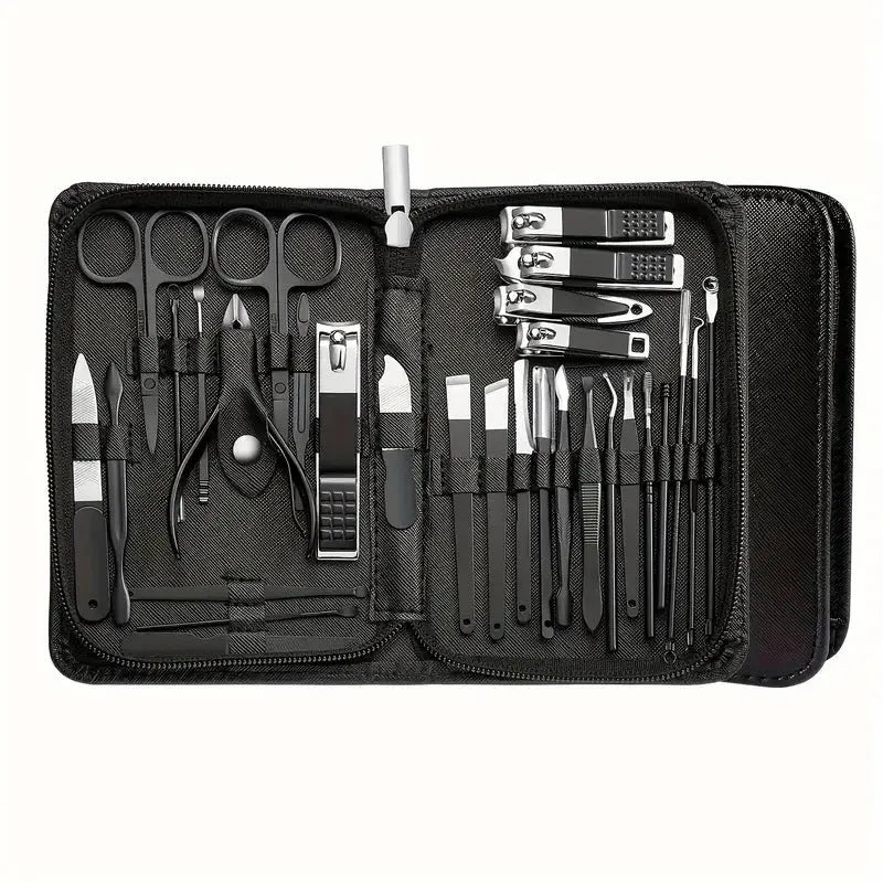 30-piece stainless steel nail beauty tool set displayed in open case, showing various grooming implements.