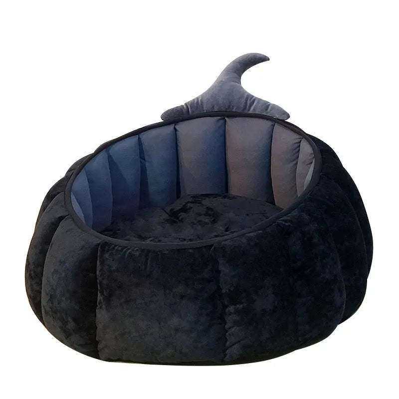 Halloween themed cat bed with cartoon pumpkin and devil design in soft plush fabric