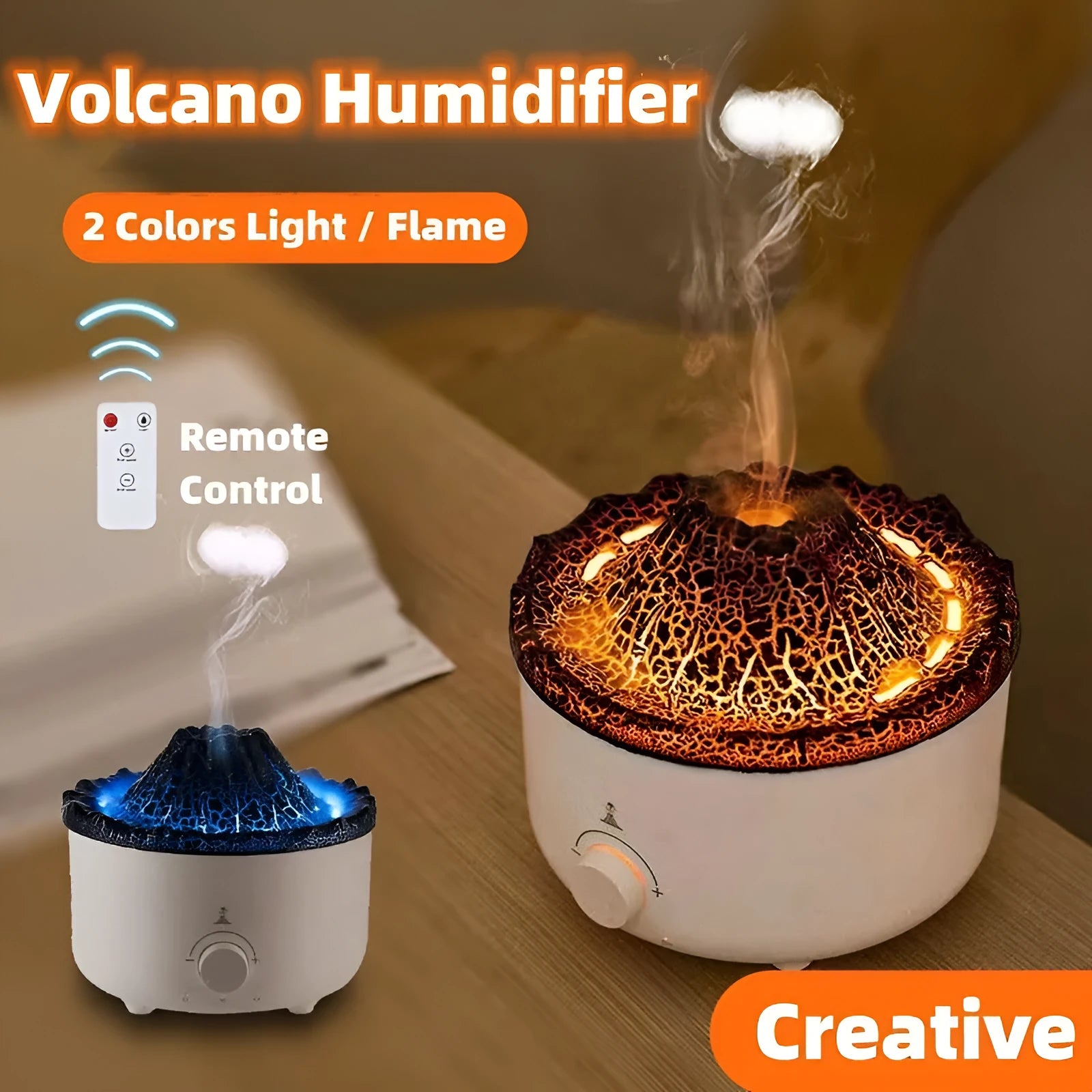 White volcano-shaped humidifier and essential oil diffuser with orange and blue simulated flame light effect.