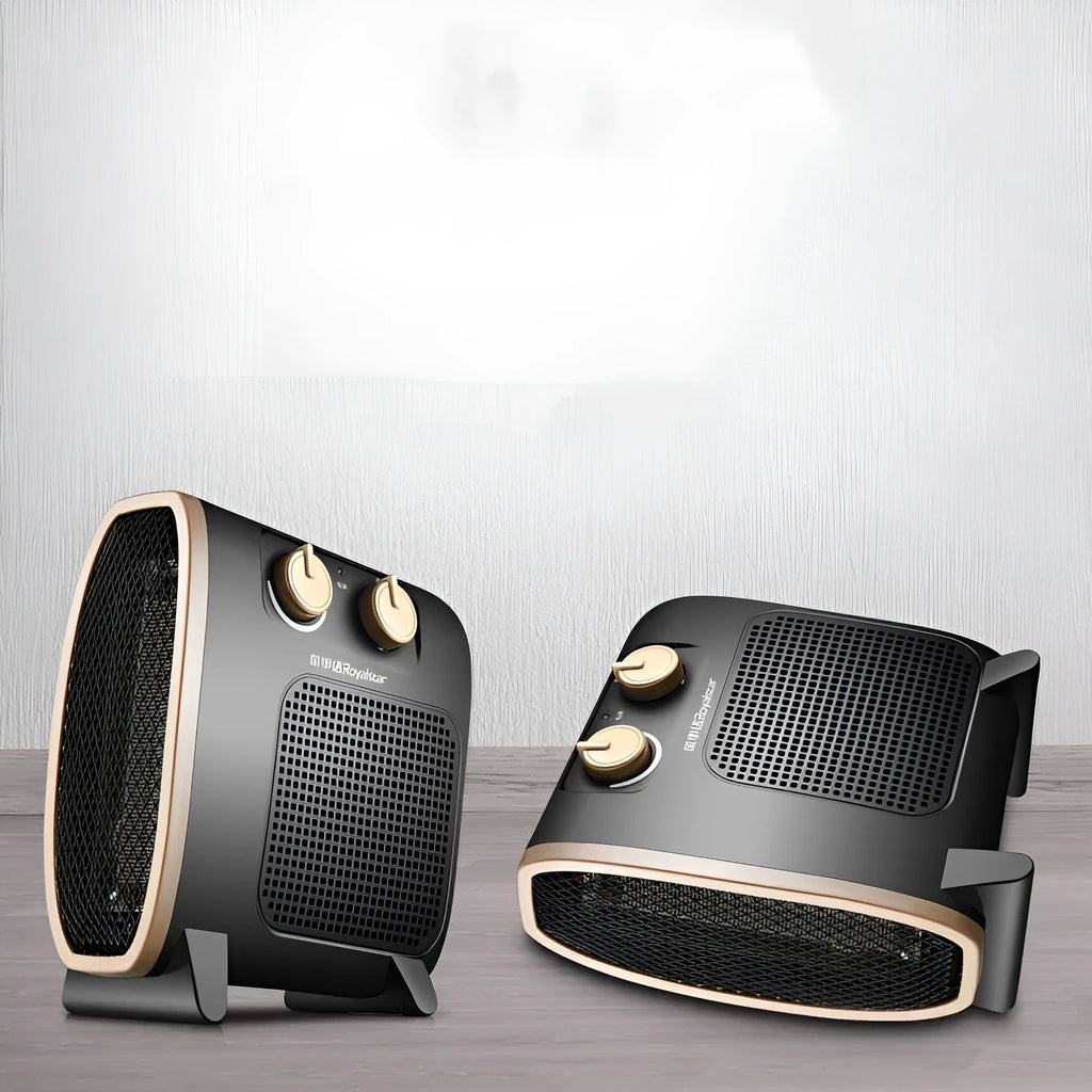 White electric fan heater with mechanical control dials on a dark background.