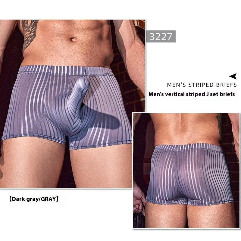 Men's black striped nylon boxer briefs laid flat, showing the elastic waistband and leg openings.