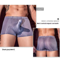 Men's black striped nylon boxer briefs laid flat, showing the elastic waistband and leg openings.