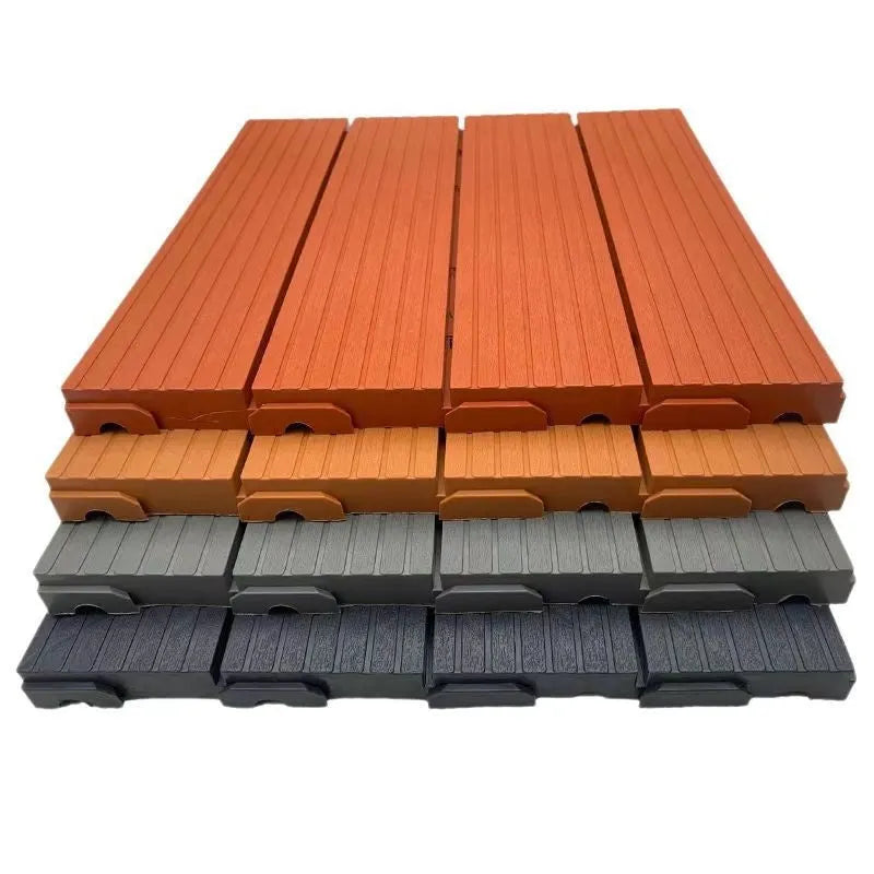 Set of ten square plastic floor tiles with wood grain texture in various colour options.