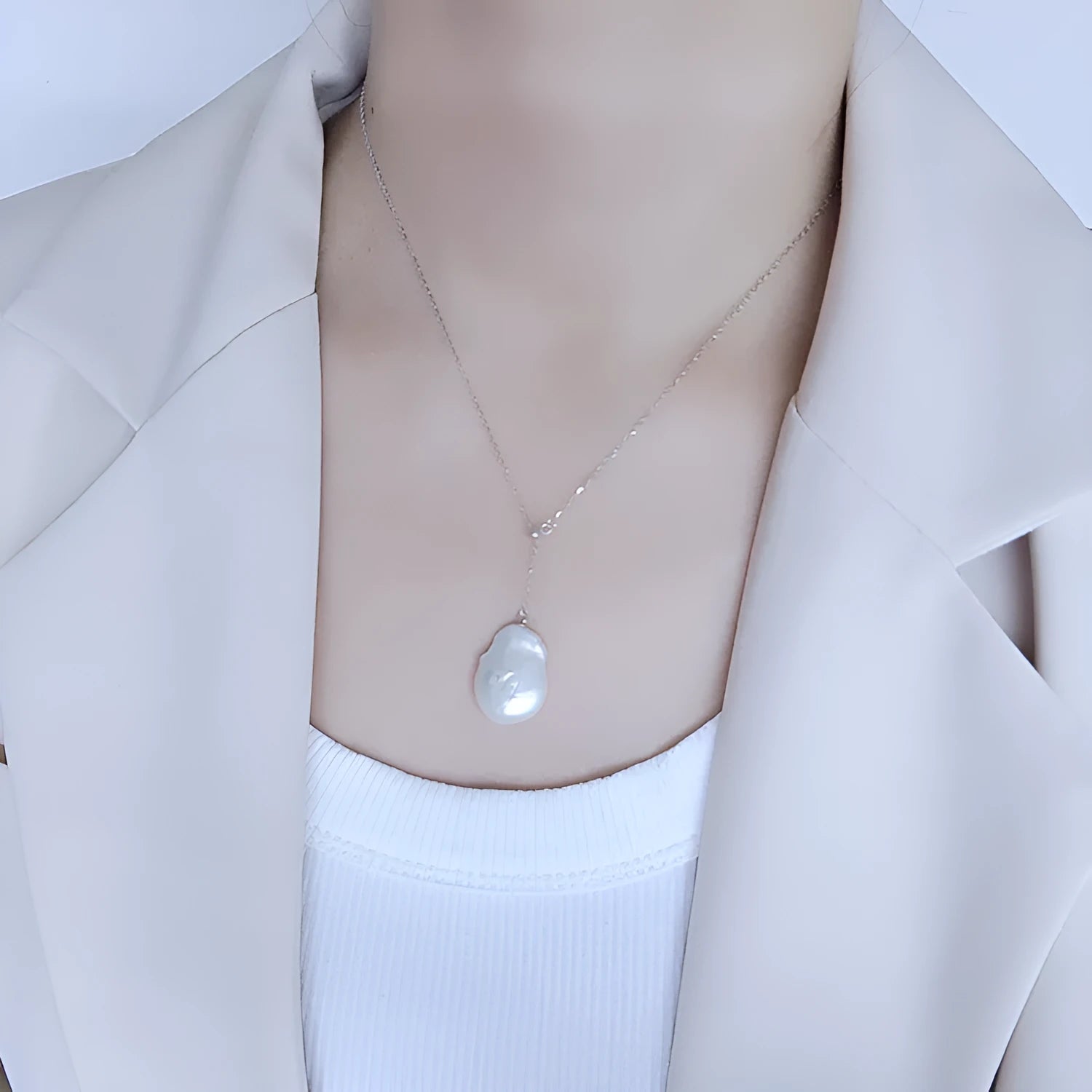 Freshwater pearl shaped baroque pendant on 925 sterling silver button necklace, natural water flow style, silver colour