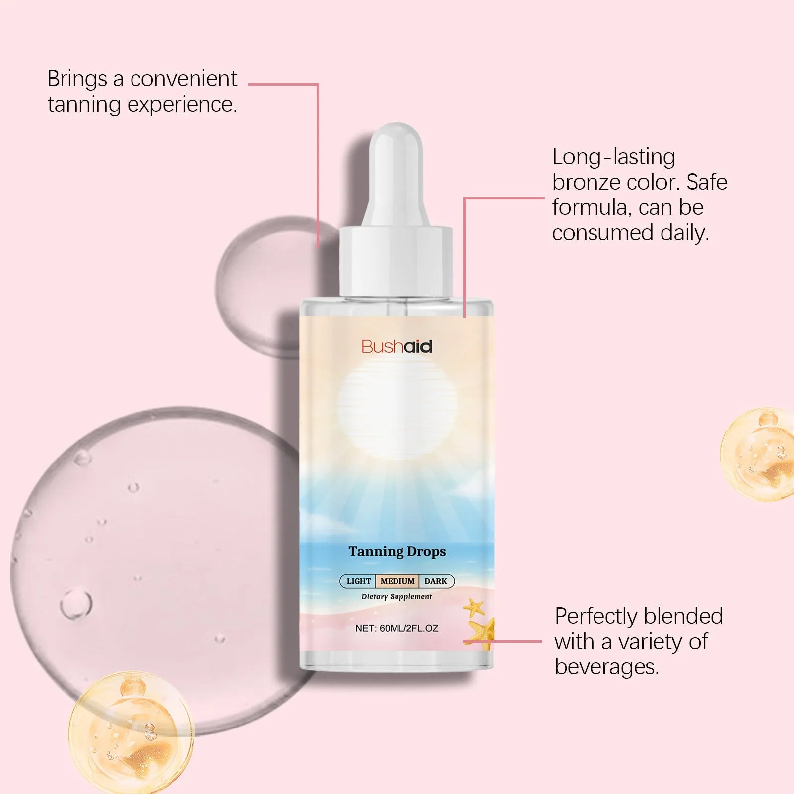 60ml bottle of no sunlight tanning drops for body care in 31x31x126mm container