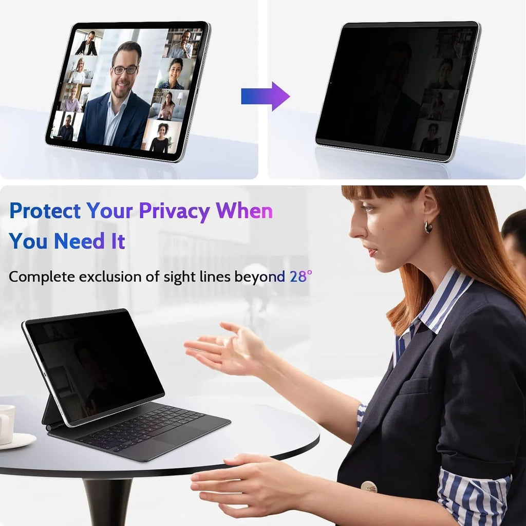 Magnetic iPad anti peeping film and storage clip shown next to an iPad