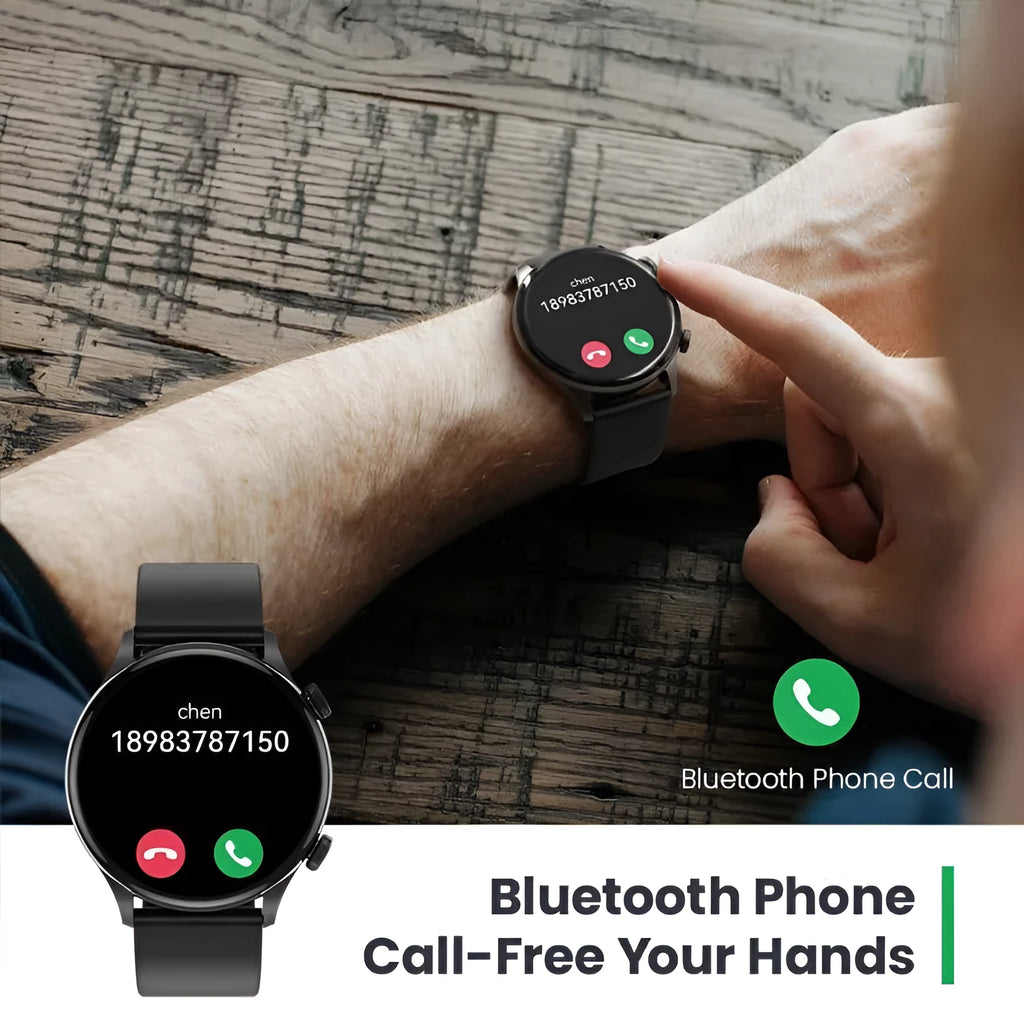 Black Bluetooth smartwatch with circular AMOLED display on a wrist