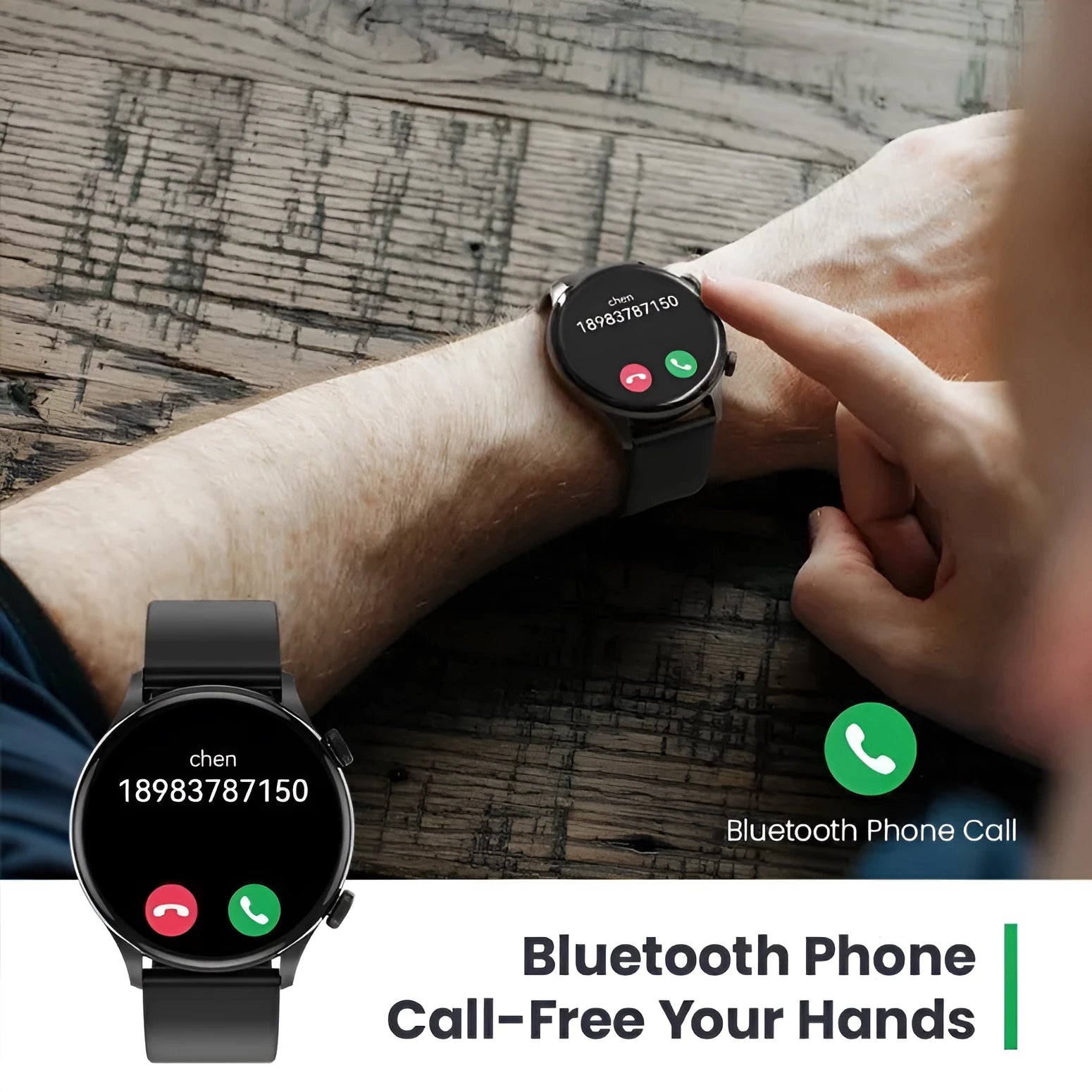 Black Bluetooth smartwatch with circular AMOLED display on a wrist