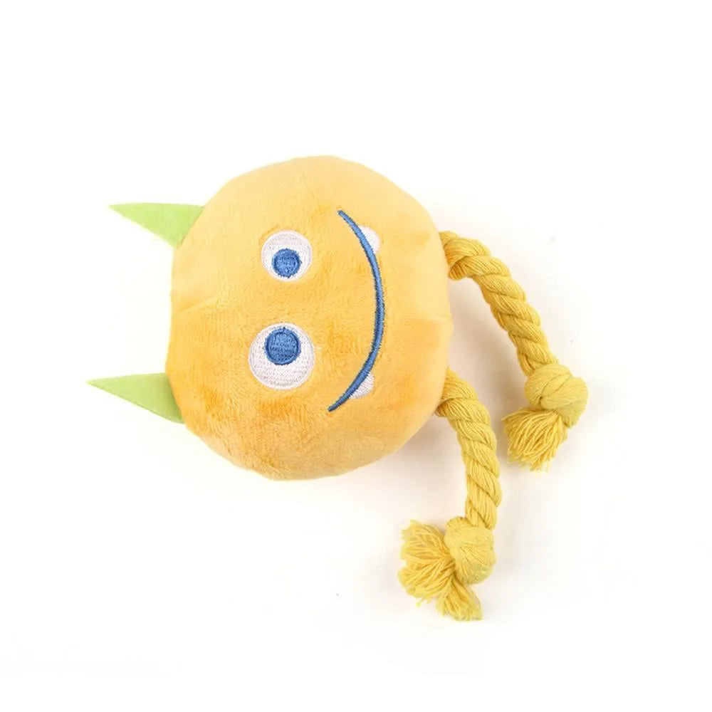 Blue and yellow cartoon animal dog squeaky toys with rope knot construction