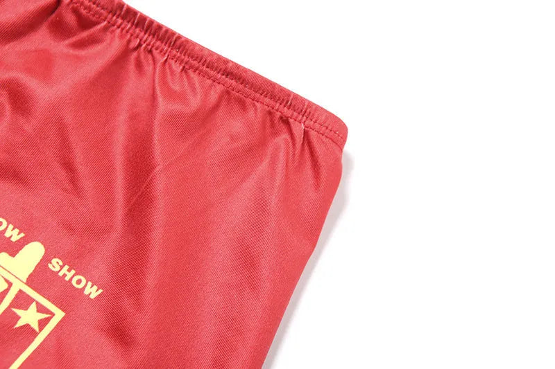 Red women's high waist bikini shorts set with 3D printed pattern, shown on a hanger.