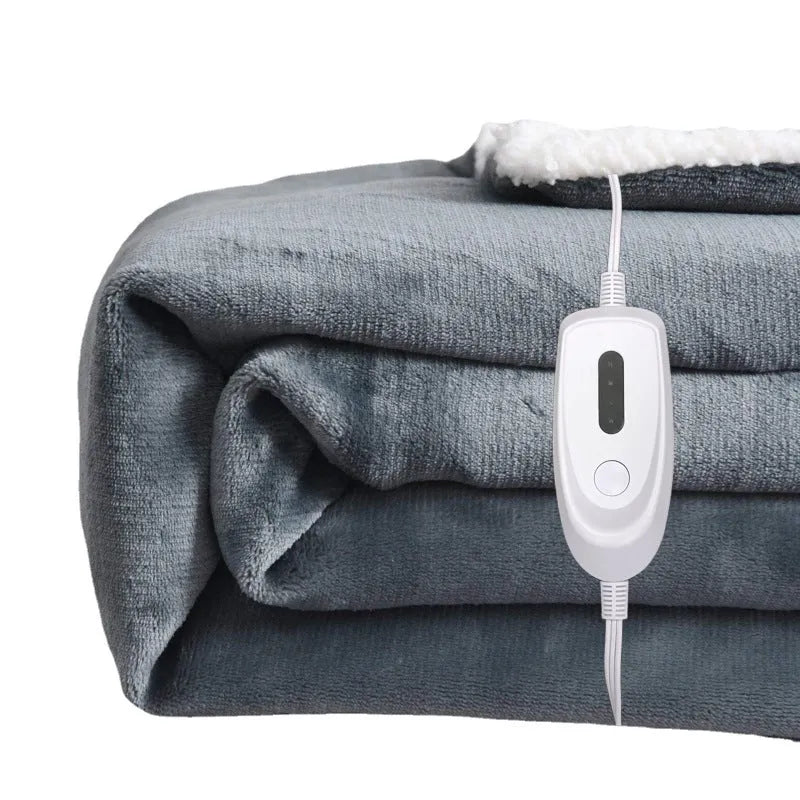 Grey and white USB electric heating blanket with intelligent temperature controls, laid flat.
