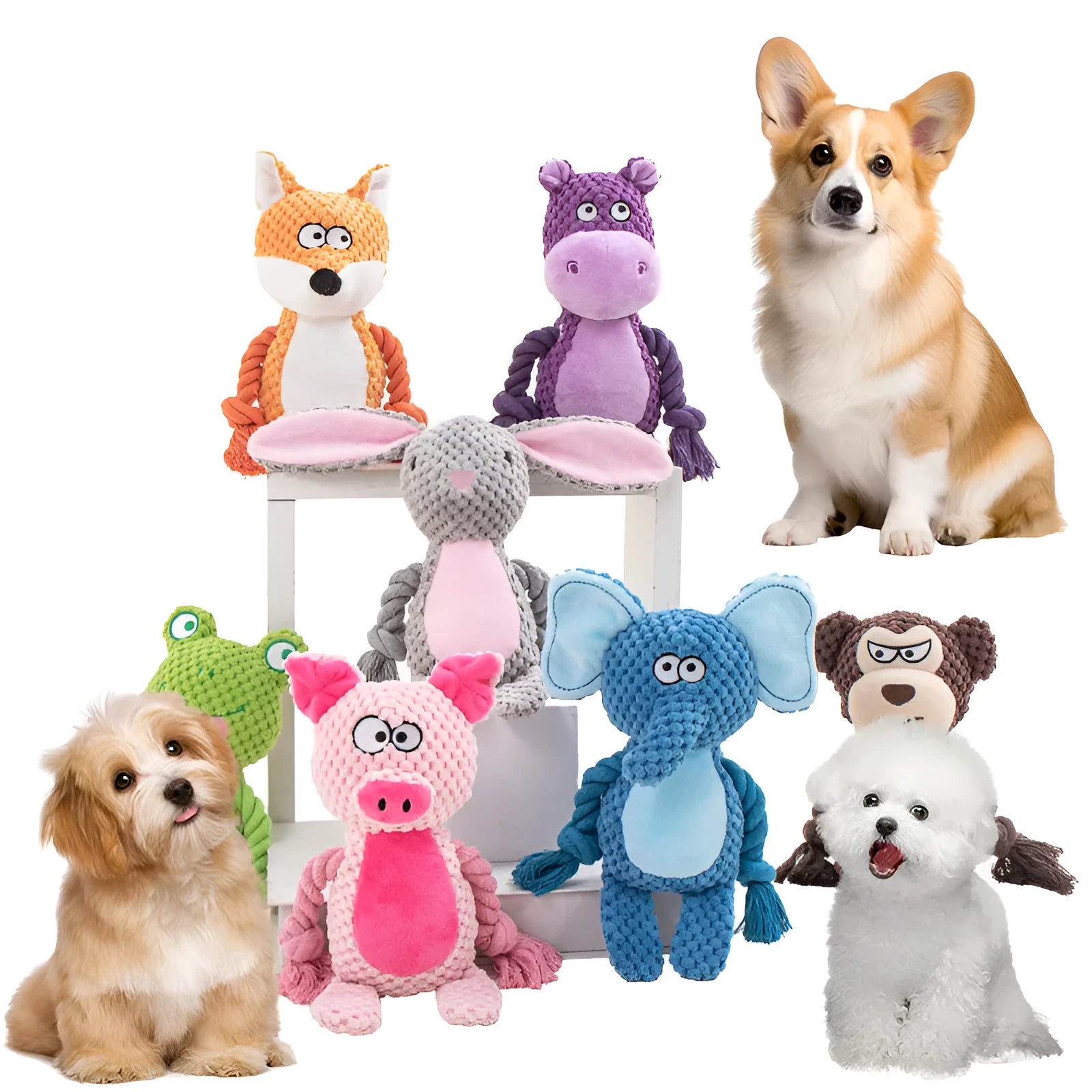 Colourful plush animal dog toy with integrated cotton tug rope