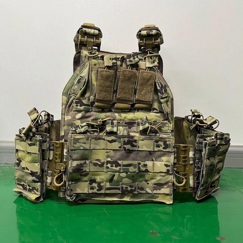 Solid colour Oxford cloth tactical vest in army green shown front view for outdoor use