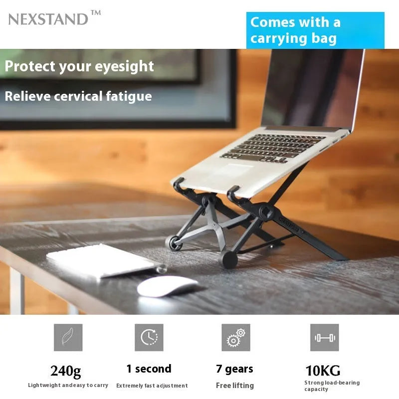 Portable folding laptop stand in sagacious black showing compact 40cm folded size with carrying case