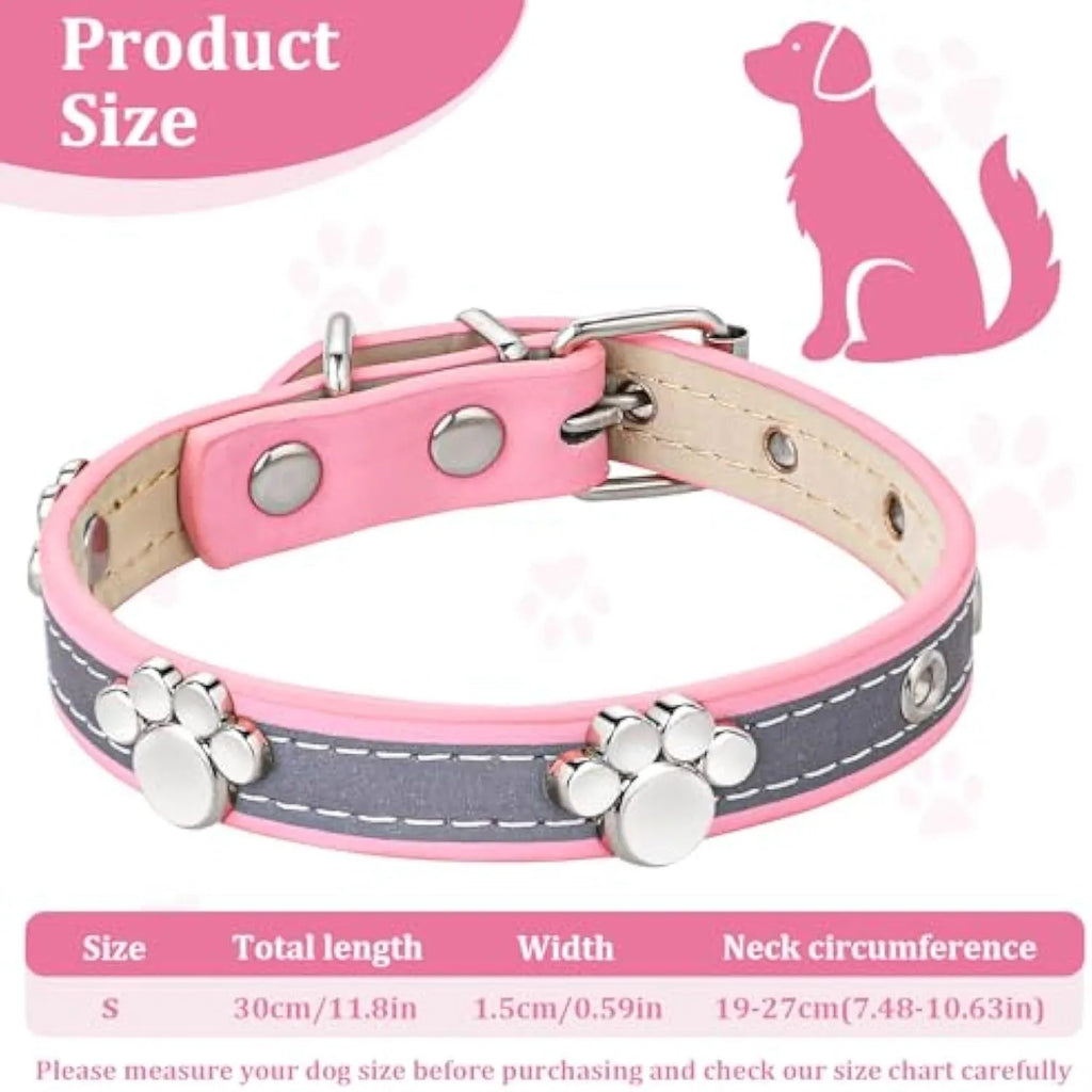 Reflective adjustable PU leather dog collar with metal buckle and paw rivet in multiple sizes.