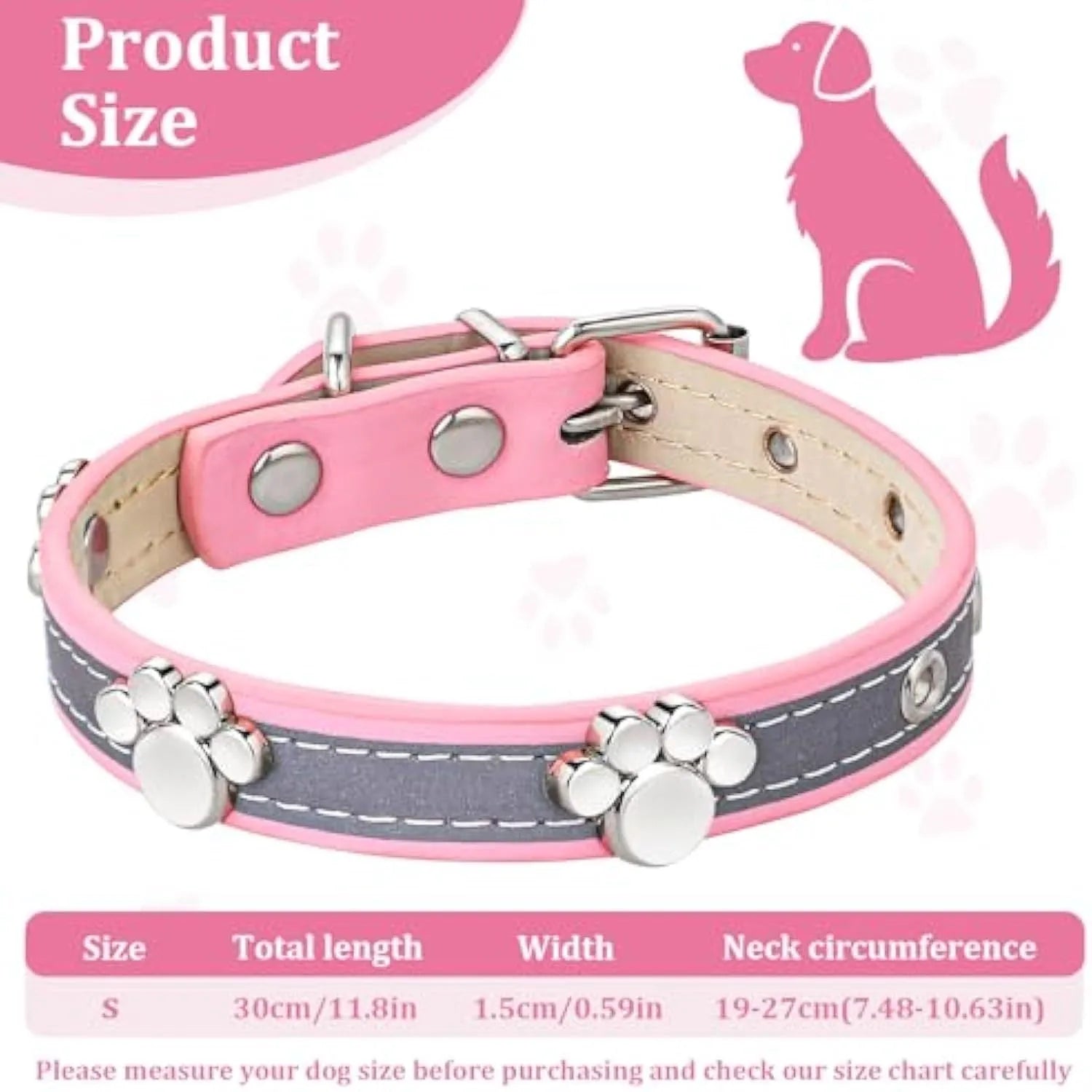 Reflective adjustable PU leather dog collar with metal buckle and paw rivet in multiple sizes.