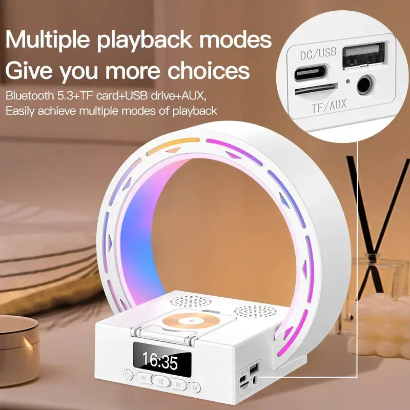 White multifunctional Bluetooth speaker bedside unit with digital clock display and wireless charging phone on top.