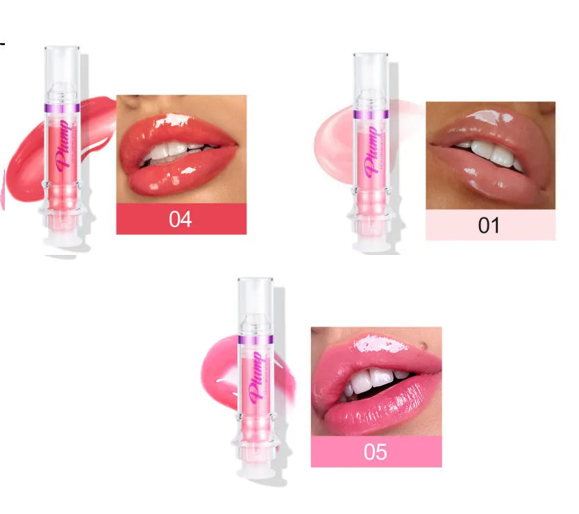 Lip gloss tube with mirror finish showing shiny application on lips