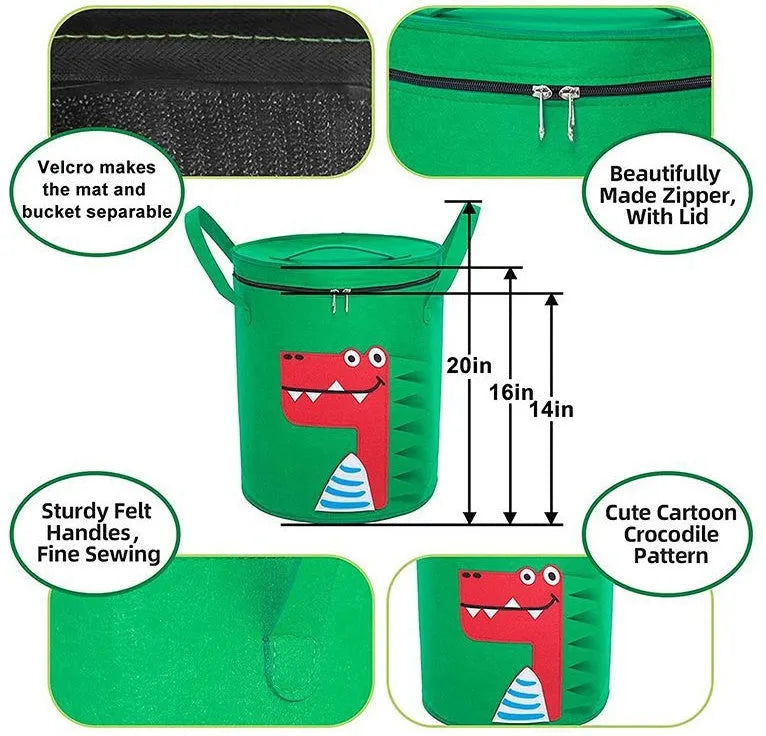 Green felt cube storage bag with pull rope, shown both as a flat play mat and gathered toy bag