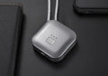 Mini USB rechargeable air purifier necklace in blue, shown with charging cable.
