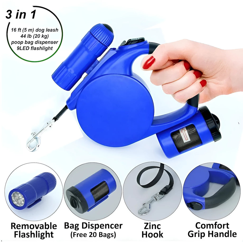 4.5m retractable dog lead with LED light and waste bag dispenser, black, ABS and nylon construction