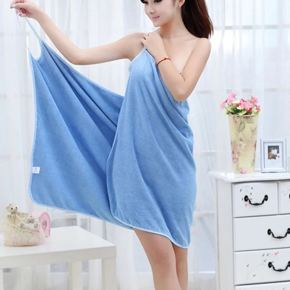 Polyester microfiber beach dress towel in blue colour showing both drying and wearing functions