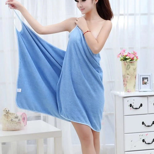 Polyester microfiber beach dress towel in blue colour showing both drying and wearing functions