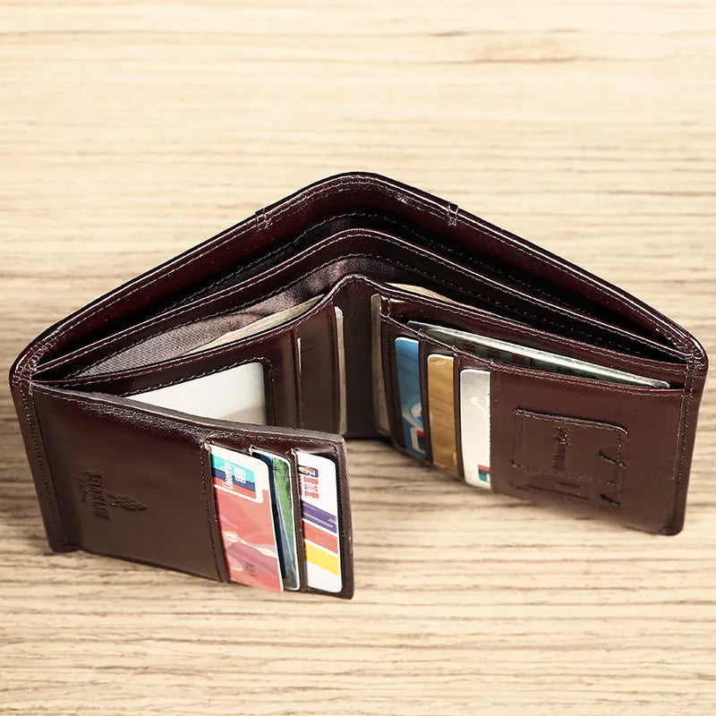 Men's black leather wallet open, showing internal card slots, photo slot, change pocket and hidden compartment.