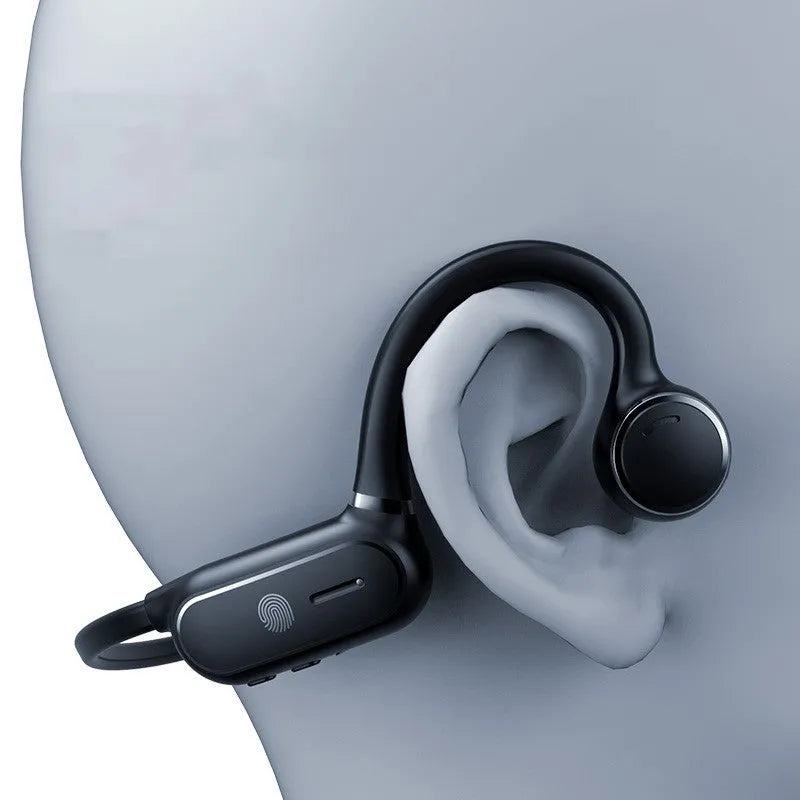 Black open-ear air conduction Bluetooth wireless headphone with a bendable titanium frame