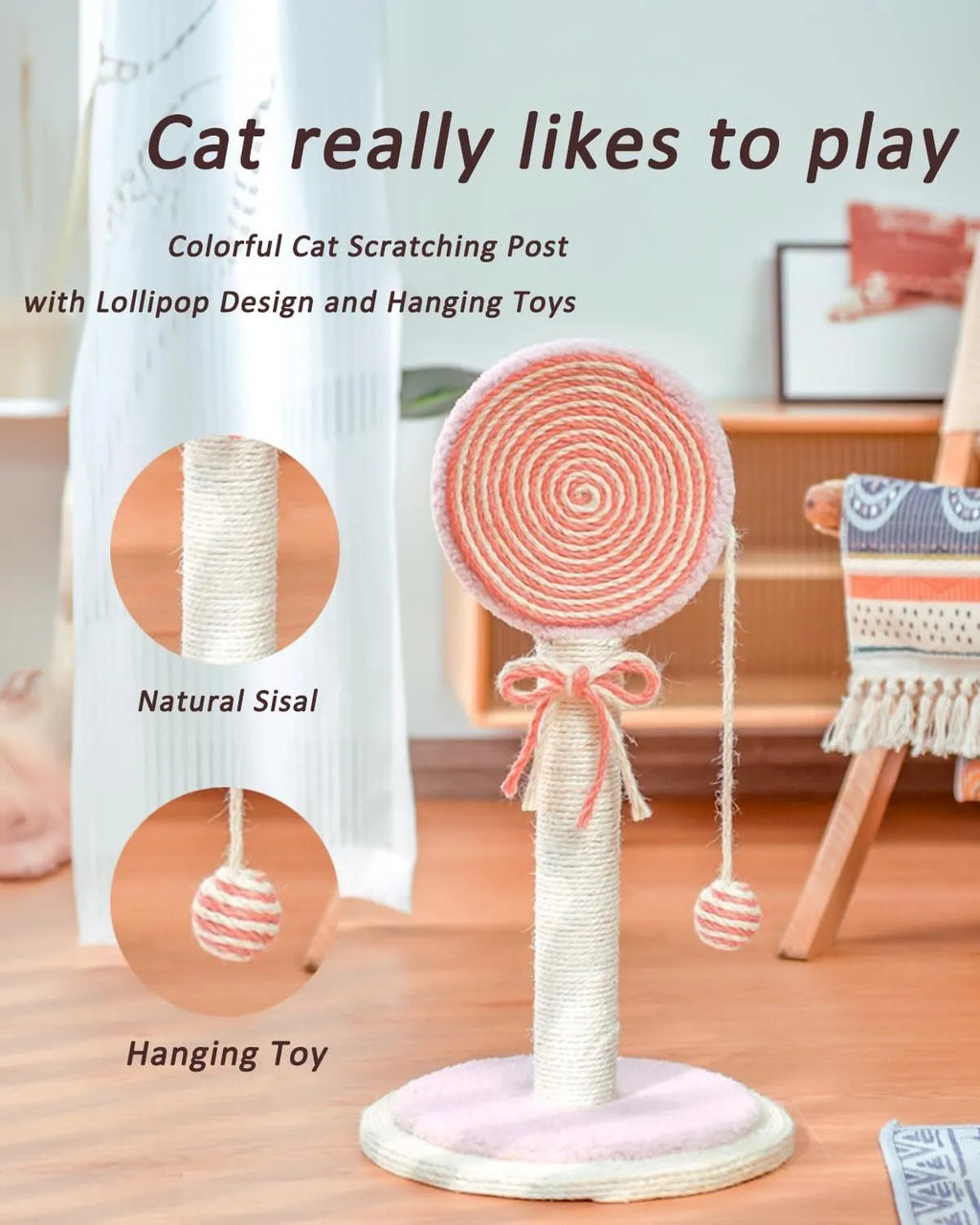 Blue cat scratching post with sisal rope and a hanging ball on a sturdy wooden base.