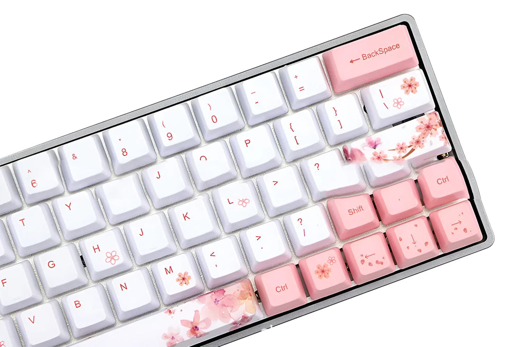 Pink OEM profile PBT keycaps with five-sided dye-sublimation printing for mechanical keyboards