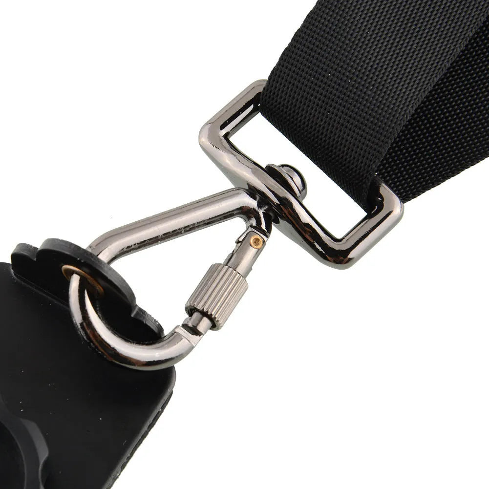 Black professional dual shoulder strap for two SLR cameras, showing nylon fabric and padded shoulders.