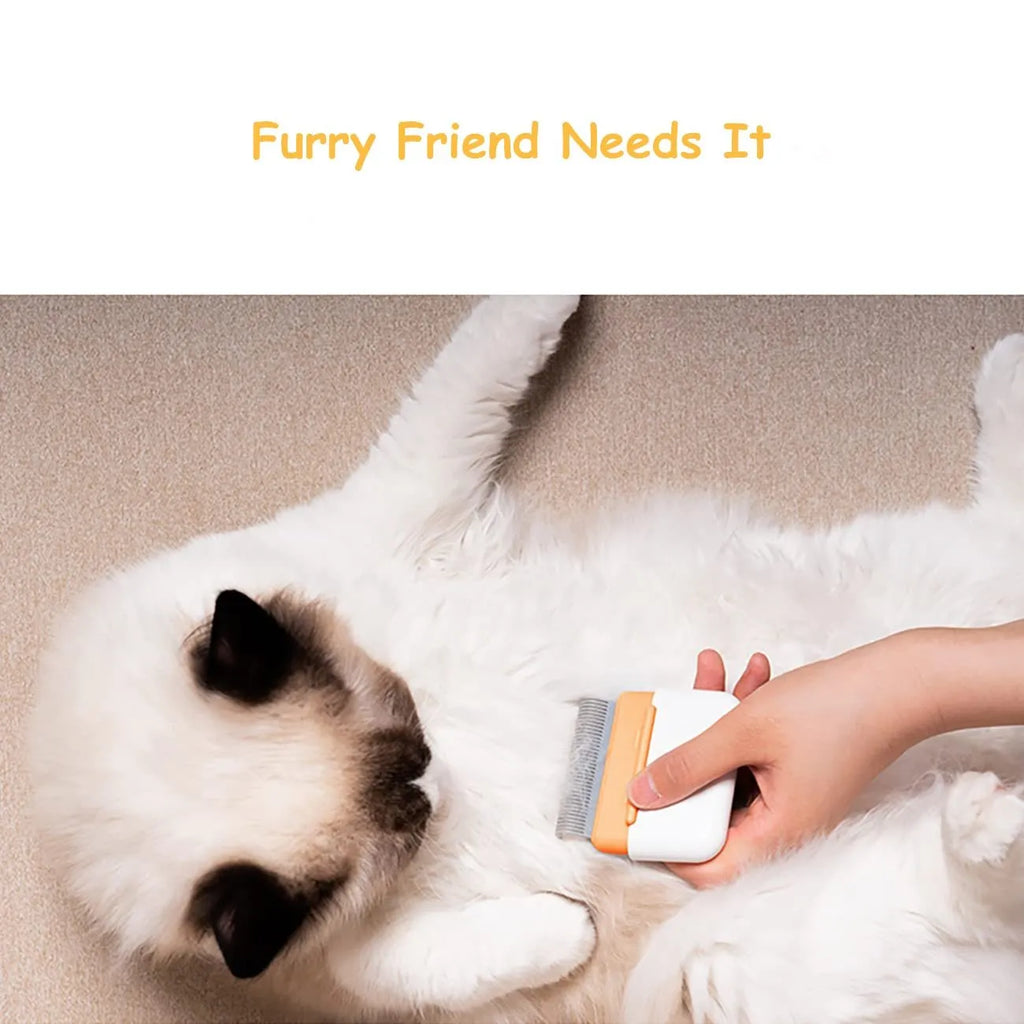 Blue double-sided pet grooming comb for deshedding and massage, shown next to a cat.