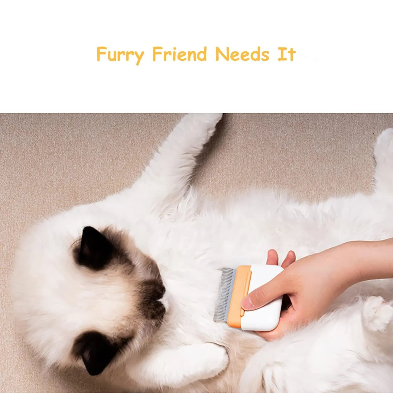 Blue double-sided pet grooming comb for deshedding and massage, shown next to a cat.