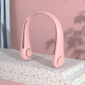 Pink USB rechargeable bladeless neck fan being worn, showing its adjustable speed controls and flexible neckband.