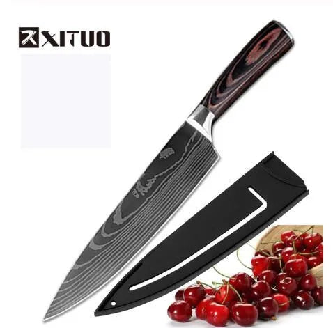 7Cr17 stainless steel kitchen knife with coloured wood handle and Damascus pattern blade on a black gift box.