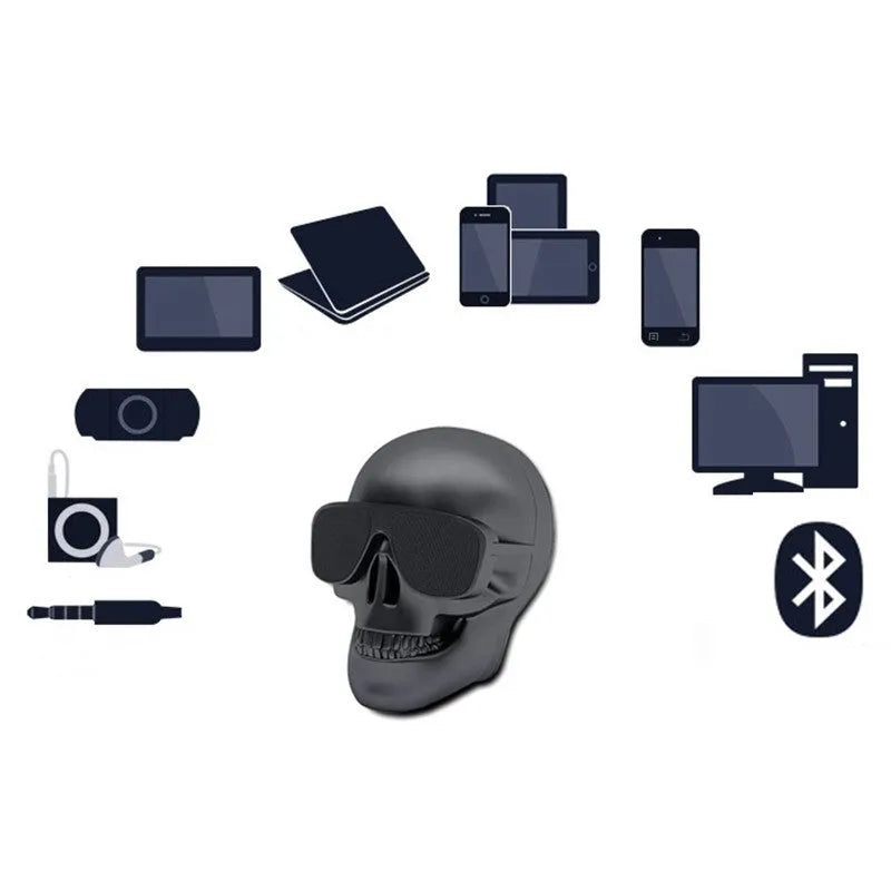 Skull-shaped portable Bluetooth speaker with 10-hour battery in multiple colour options