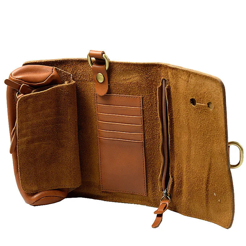 Handmade dark brown cow leather vintage bifold wallet with magnetic closure, shown open and closed.