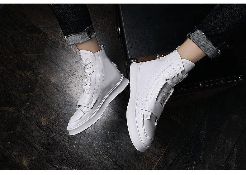 Black and white men's microfiber ankle boots with high-top sneaker design for winter wear