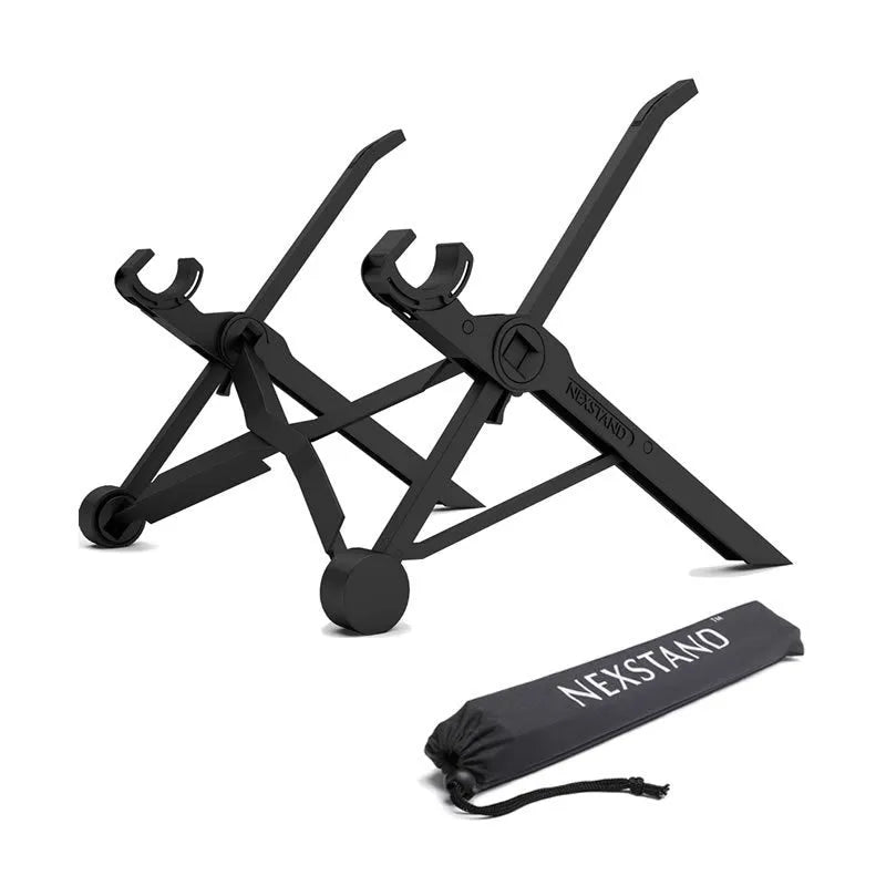 Portable folding laptop stand in sagacious black showing compact 40cm folded size with carrying case