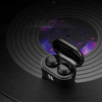 Black stereo Bluetooth headset showing earplug design.