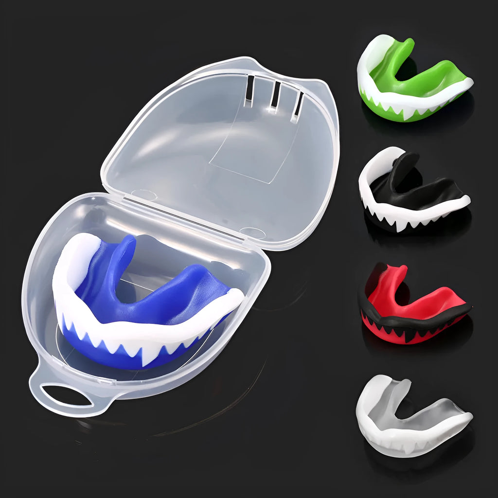 Adult boxing mouthguard with box, food grade EVA mouldable teeth guard in black, red, blue, green, white, 6.5 x 4.6cm
