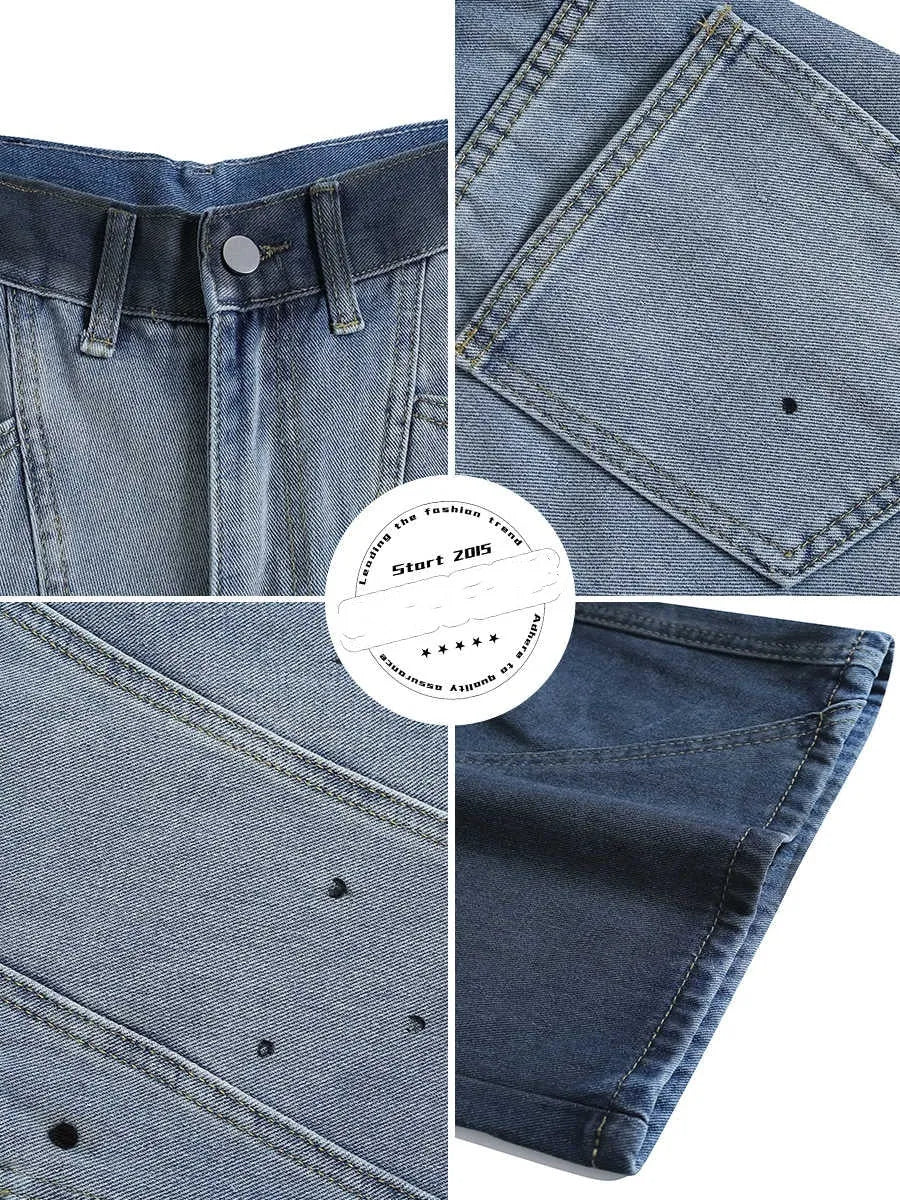 Blue tie-dye gradient cropped jeans with worn-washed finish and loose casual fit