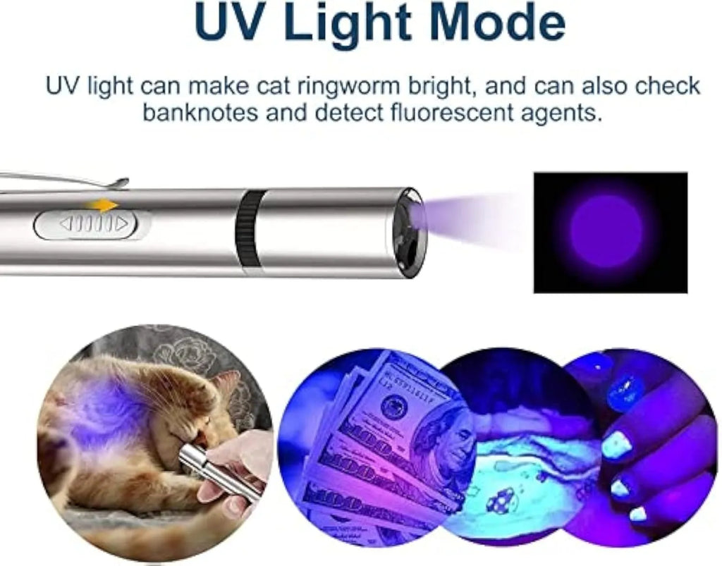 Silver aluminium alloy cat toy pointer wand with laser patterns for indoor pet play